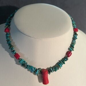 STERLING, TURQUOISE, AND CORAL NUGGET SOUTHWEST DESIGN NECKLACE